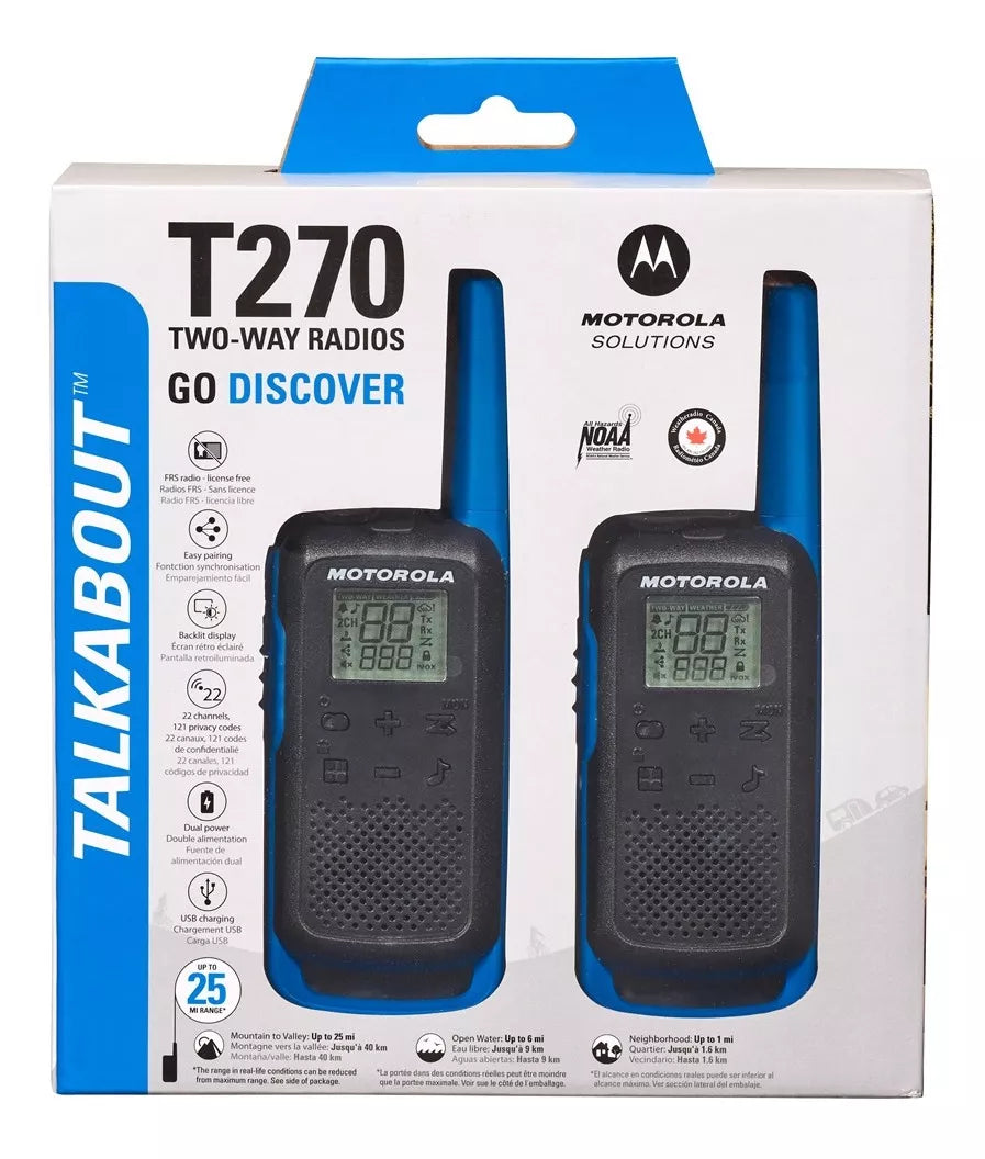 RADIO MOTOROLA T270 DE 25 MILLAS /  40 KMS.  2 RADIOS. ORIGINAL . NEGRO CON AZUL